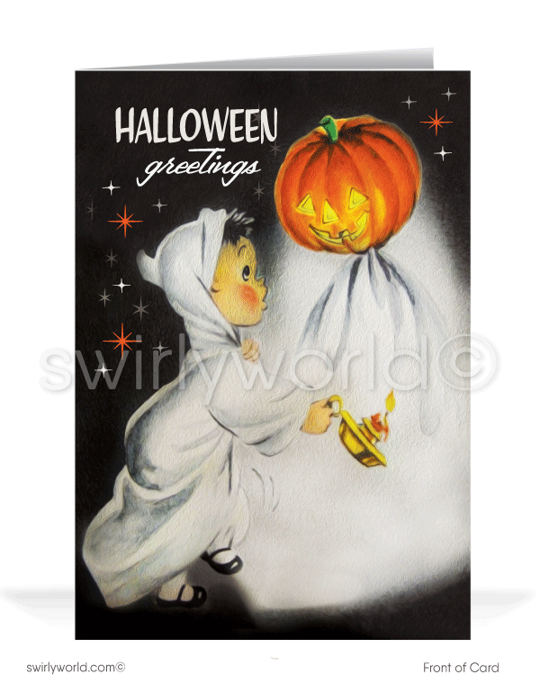 Send charming vintage Halloween greeting cards from Swirly World! Featuring a captivating 1950s-inspired ghost and pumpkin head design, these cards offer a fun, nostalgic way to celebrate the season. Choose from flat or folded styles, with optional custom-printed envelopes for a personal touch.