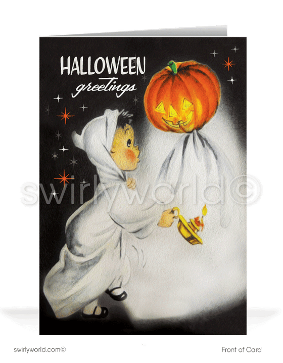 1950's Mid-Century Vintage Ghost and Pumpkin Halloween Greetings Cards