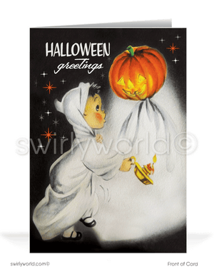 Send charming vintage Halloween greeting cards from Swirly World! Featuring a captivating 1950s-inspired ghost and pumpkin head design, these cards offer a fun, nostalgic way to celebrate the season. Choose from flat or folded styles, with optional custom-printed envelopes for a personal touch.
