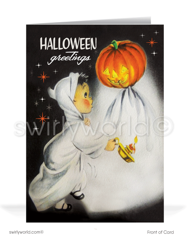 1950's Mid-Century Vintage Ghost and Pumpkin Halloween Greetings Cards