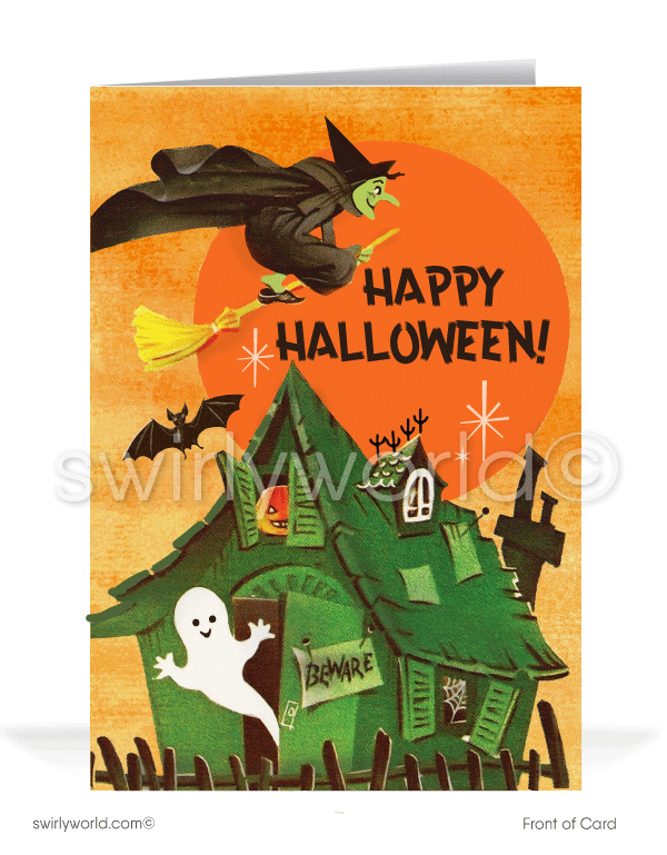 Relive the mid-century magic with Swirly World's Vintage 1950s-1960s Halloween Cards. Featuring a haunted house, ghost, bat, and a green-faced witch soaring across an orange moon. Choose single-panel or folded options, with customizable envelopes available to add a personal touch.
