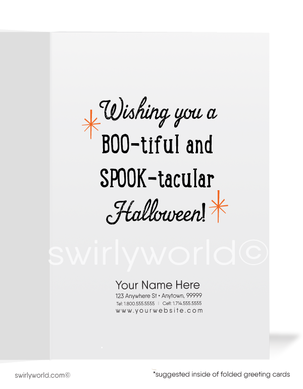 Celebrate Halloween with Swirly World's retro ghost card! Featuring a smiling ghost with a glowing Jack-o'-Lantern against a starburst sky, this 1940s-1950s inspired design captures vintage charm. Perfect for sending nostalgic greetings. Customizable wording and envelopes available!