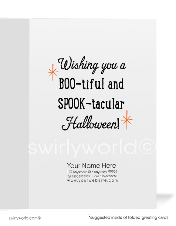 1950’s vintage mid-century retro ghost Happy Halloween Greeting Cards for Business Customers.Vintage Ghost with Jack-o-Lantern 1950s Mid-Century Retro Printed Halloween Cards