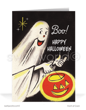 Celebrate Halloween with Swirly World's retro ghost card! Featuring a smiling ghost with a glowing Jack-o'-Lantern against a starburst sky, this 1940s-1950s inspired design captures vintage charm. Perfect for sending nostalgic greetings. Customizable wording and envelopes available!