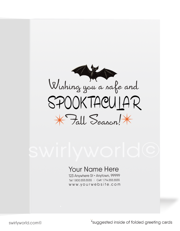 Capture mid-century magic with Swirly World's retro Halloween cards. Featuring a girl in a witch costume and a spooked black cat perched on a wooden fence, under a crescent moon and fluttering bat against an orange sky. Perfect for vintage style lovers. Choose single-panel or folded options, with customizable envelopes available.