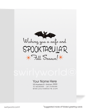 1950s Retro Halloween Card with Witch, Spooked Black Cat, and Crescent Moon in Mid-Century Style