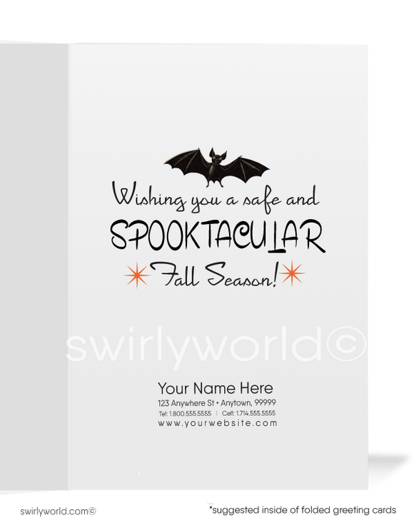 Capture mid-century magic with Swirly World's retro Halloween cards. Featuring a girl in a witch costume and a spooked black cat perched on a wooden fence, under a crescent moon and fluttering bat against an orange sky. Perfect for vintage style lovers. Choose single-panel or folded options, with customizable envelopes available.