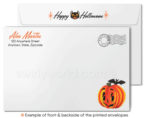 1950s Retro Halloween Card with Witch, Spooked Black Cat, and Crescent Moon in Mid-Century Style