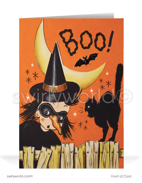 Mid-Century Modern Vintage 1950's-1960's Cute Witch and Black Cat Halloween Cards