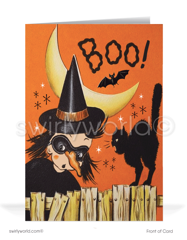 Capture mid-century magic with Swirly World's retro Halloween cards. Featuring a girl in a witch costume and a spooked black cat perched on a wooden fence, under a crescent moon and fluttering bat against an orange sky. Perfect for vintage style lovers. Choose single-panel or folded options, with customizable envelopes available.