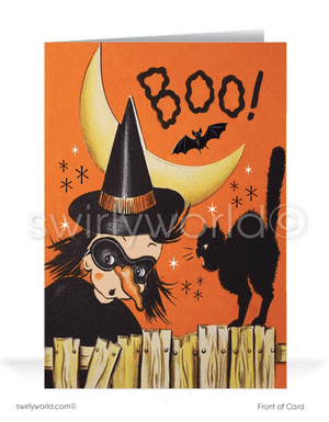 Capture mid-century magic with Swirly World's retro Halloween cards. Featuring a girl in a witch costume and a spooked black cat perched on a wooden fence, under a crescent moon and fluttering bat against an orange sky. Perfect for vintage style lovers. Choose single-panel or folded options, with customizable envelopes available.