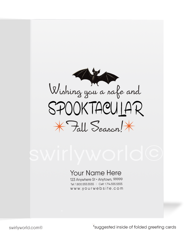 Capture the charm of the 1950s with Swirly World's kitschy Halloween cards. Featuring an adorable little witch hugging a jack-o'-lantern with a black kitty peeking out. Perfect for fans of mid-century style. Choose single-panel or folded options, with customizable envelopes available.