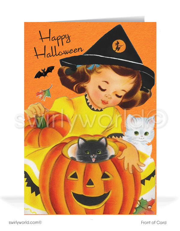 Capture the charm of the 1950s with Swirly World's kitschy Halloween cards. Featuring an adorable little witch hugging a jack-o'-lantern with a black kitty peeking out. Perfect for fans of mid-century style. Choose single-panel or folded options, with customizable envelopes available.