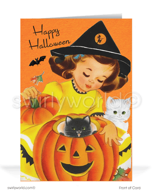 Capture the charm of the 1950s with Swirly World's kitschy Halloween cards. Featuring an adorable little witch hugging a jack-o'-lantern with a black kitty peeking out. Perfect for fans of mid-century style. Choose single-panel or folded options, with customizable envelopes available.