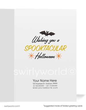 1950s-1960s Mod Retro Halloween Cards with Pin-Up Style Ghost, Skeleton, and Pumpkin-Head Costumes