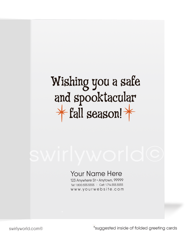 Vintage 1950s Halloween Card with Scarecrow, Jack-O-Lantern, and Retro Typography