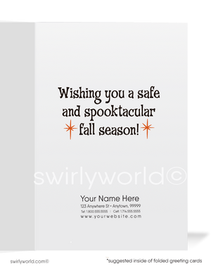 Vintage Halloween Card – Retro 1950s Pumpkin Patch Card with Scarecrow & Jack-O-Lantern