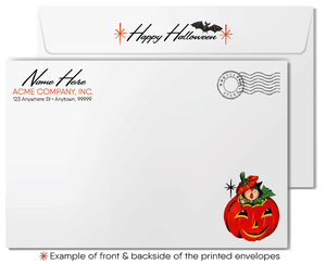 Vintage Halloween Card – Retro 1950s Pumpkin Patch Card with Scarecrow & Jack-O-Lantern