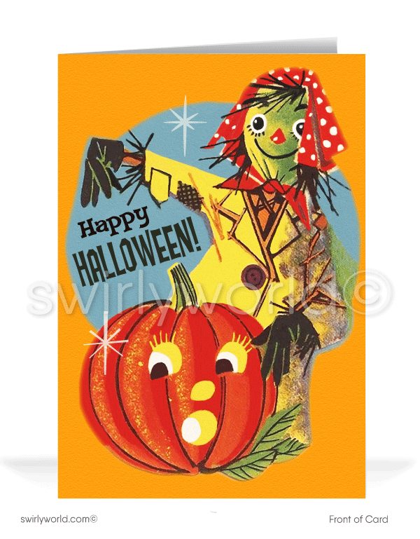 1960’s vintage mid-century retro scarecrow witch Happy Halloween Greeting Cards for Business Customers.