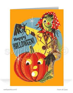 1960’s vintage mid-century retro scarecrow witch Happy Halloween Greeting Cards for Business Customers.