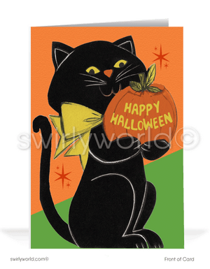 Mid-Century Retro Vintage 1950s-1960s Cute Black Cat Printed Halloween Greeting Cards