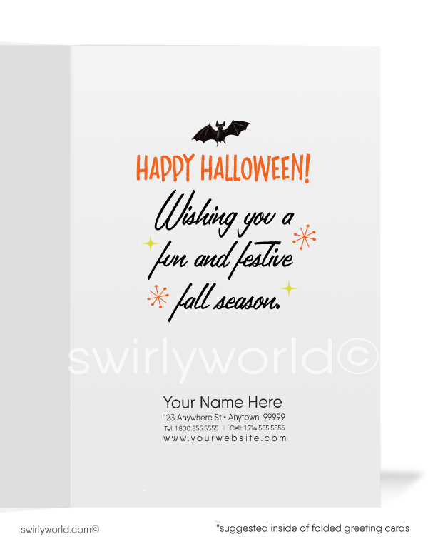 Capture 1940s-1950s nostalgia with Swirly World's vintage Halloween cards. Featuring a spooked little boy in a graveyard, frightened by a ghost hovering over a gravestone under a starry night sky. Perfect for mid-century style lovers. Choose single-panel or folded options, with customizable envelopes available.1950’s vintage mid-century retro Ghost in Graveyard Happy Halloween Greeting Cards.