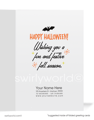Vintage Halloween Card with Spooked Boy, Ghost, and Graveyard in 1940s-1950s Style