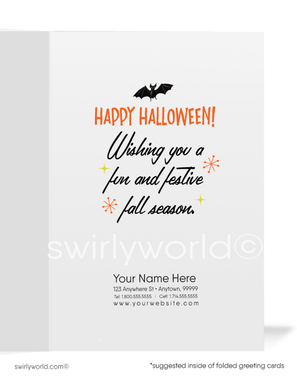 Capture 1940s-1950s nostalgia with Swirly World's vintage Halloween cards. Featuring a spooked little boy in a graveyard, frightened by a ghost hovering over a gravestone under a starry night sky. Perfect for mid-century style lovers. Choose single-panel or folded options, with customizable envelopes available.1950’s vintage mid-century retro Ghost in Graveyard Happy Halloween Greeting Cards.
