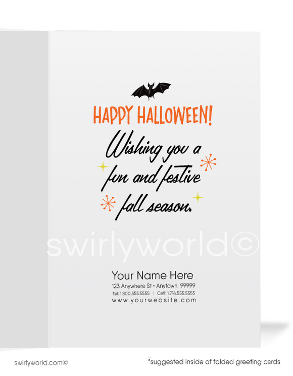 1950’s vintage mid-century retro Ghost in Graveyard Happy Halloween Greeting Cards.