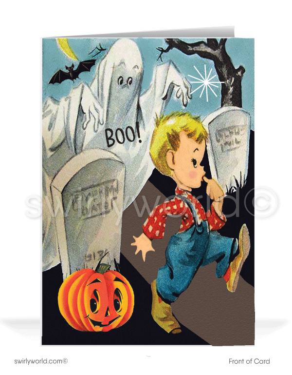 1950’s vintage mid-century retro Ghost in Graveyard Happy Halloween Greeting Cards.