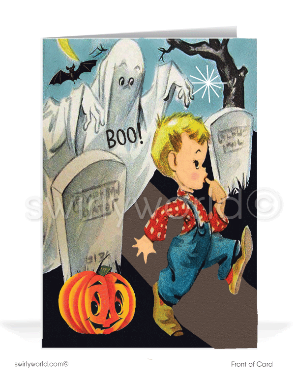 Capture 1940s-1950s nostalgia with Swirly World's vintage Halloween cards. Featuring a spooked little boy in a graveyard, frightened by a ghost hovering over a gravestone under a starry night sky. Perfect for mid-century style lovers. Choose single-panel or folded options, with customizable envelopes available.1950’s vintage mid-century retro Ghost in Graveyard Happy Halloween Greeting Cards.