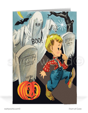 Capture 1940s-1950s nostalgia with Swirly World's vintage Halloween cards. Featuring a spooked little boy in a graveyard, frightened by a ghost hovering over a gravestone under a starry night sky. Perfect for mid-century style lovers. Choose single-panel or folded options, with customizable envelopes available.1950’s vintage mid-century retro Ghost in Graveyard Happy Halloween Greeting Cards.