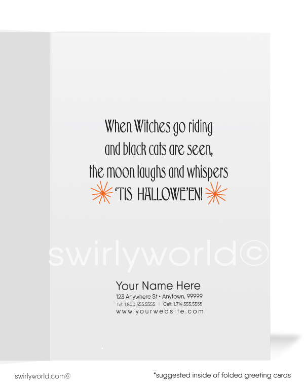 Capture the allure of vintage with Swirly World's Art Deco Halloween Cards. Featuring a charming Pinup Witch with a grand Jack-O-Lantern and stars against a bold black backdrop. Choose single-panel or folded options, with customizable envelopes for a personal touch. Delivered to your door.