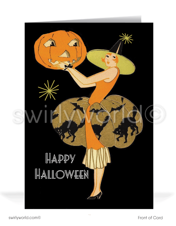 Capture the allure of vintage with Swirly World's Art Deco Halloween Cards. Featuring a charming Pinup Witch with a grand Jack-O-Lantern and stars against a bold black backdrop. Choose single-panel or folded options, with customizable envelopes for a personal touch. Delivered to your door.