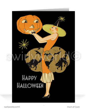 Capture the allure of vintage with Swirly World's Art Deco Halloween Cards. Featuring a charming Pinup Witch with a grand Jack-O-Lantern and stars against a bold black backdrop. Choose single-panel or folded options, with customizable envelopes for a personal touch. Delivered to your door.