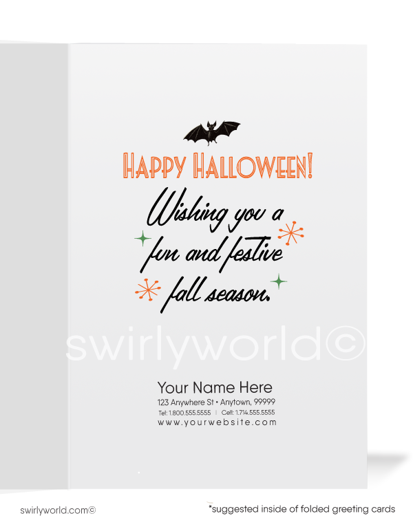 Rediscover vintage charm with Swirly World's Art Deco style Halloween Cards. Featuring a startled black cat, an owl in a tree, a Jack-O'-Lantern Pumpkin Ghost, and a bat soaring in the background. Perfect for mid-century aesthetic lovers. Choose single-panel or folded options, with customizable envelopes available.