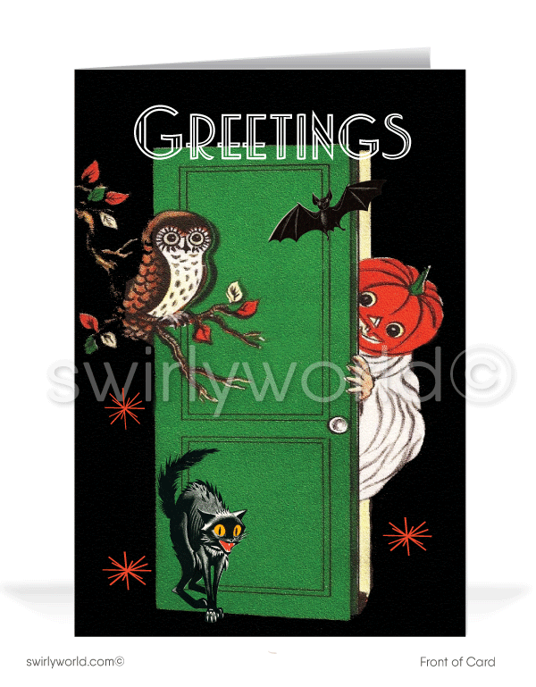 Rediscover vintage charm with Swirly World's Art Deco style Halloween Cards. Featuring a startled black cat, an owl in a tree, a Jack-O'-Lantern Pumpkin Ghost, and a bat soaring in the background. Perfect for mid-century aesthetic lovers. Choose single-panel or folded options, with customizable envelopes available.