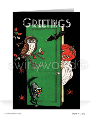 Rediscover vintage charm with Swirly World's Art Deco style Halloween Cards. Featuring a startled black cat, an owl in a tree, a Jack-O'-Lantern Pumpkin Ghost, and a bat soaring in the background. Perfect for mid-century aesthetic lovers. Choose single-panel or folded options, with customizable envelopes available.