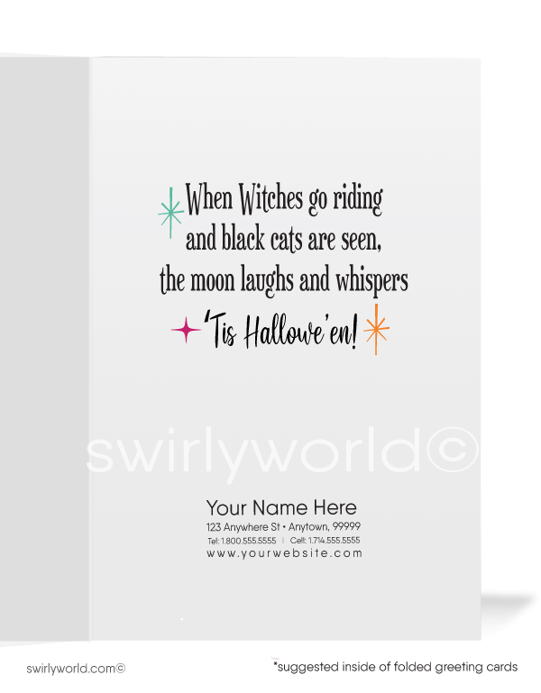 Embrace 1930s Art Deco elegance with Swirly World's Halloween cards. Featuring a glamorous lady showcasing her carved Jack-o-Lantern, surrounded by rich colors and a timeless design. Perfect for retro style enthusiasts. Choose single-panel or folded options, with customizable envelopes available.