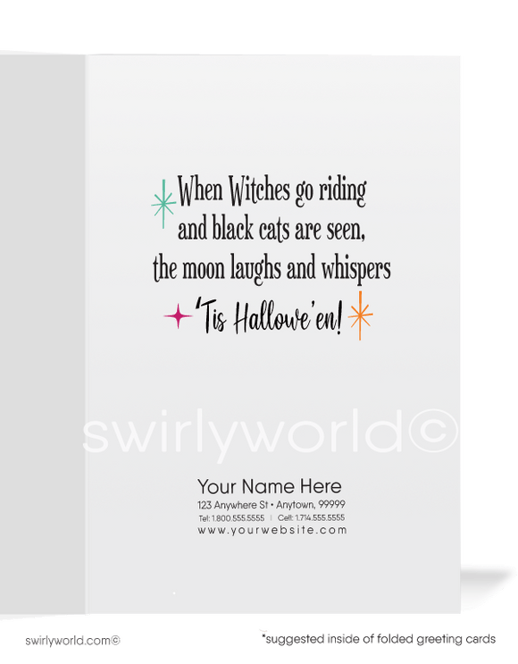 Embrace 1930s Art Deco elegance with Swirly World's Halloween cards. Featuring a glamorous lady showcasing her carved Jack-o-Lantern, surrounded by rich colors and a timeless design. Perfect for retro style enthusiasts. Choose single-panel or folded options, with customizable envelopes available.