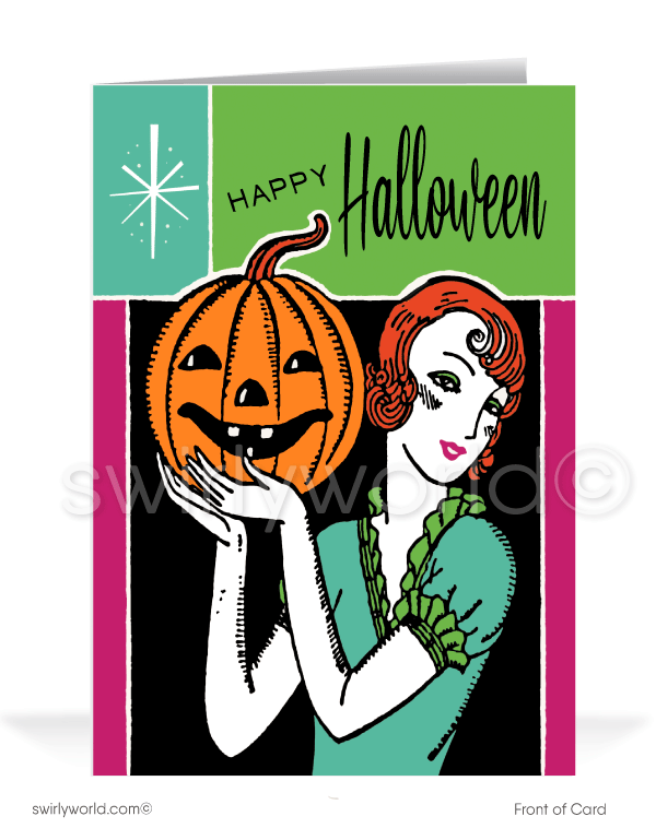 1920's - 1930’s vintage Art Deco retro pinup girl Happy Halloween Greeting Cards.