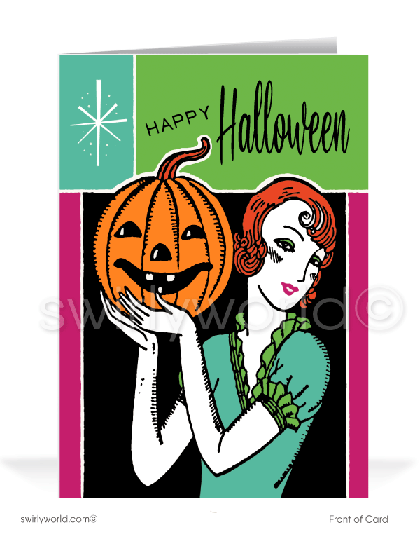 Embrace 1930s Art Deco elegance with Swirly World's Halloween cards. Featuring a glamorous lady showcasing her carved Jack-o-Lantern, surrounded by rich colors and a timeless design. Perfect for retro style enthusiasts. Choose single-panel or folded options, with customizable envelopes available.