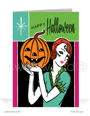 Embrace 1930s Art Deco elegance with Swirly World's Halloween cards. Featuring a glamorous lady showcasing her carved Jack-o-Lantern, surrounded by rich colors and a timeless design. Perfect for retro style enthusiasts. Choose single-panel or folded options, with customizable envelopes available.