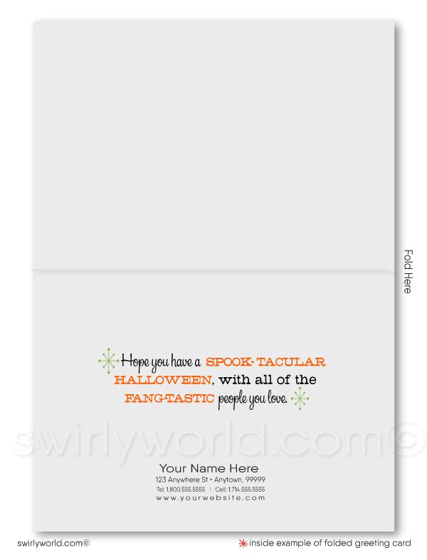 Capture the nostalgia of Halloween with Swirly World's vintage vampire bat card! Featuring a retro bat against an orange sky with atomic starbursts, this mid-century modern design is perfect for sending seasonal cheer to clients and friends. Customizable wording and envelopes available!