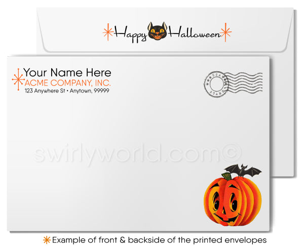 Capture the nostalgia of Halloween with Swirly World's vintage vampire bat card! Featuring a retro bat against an orange sky with atomic starbursts, this mid-century modern design is perfect for sending seasonal cheer to clients and friends. Customizable wording and envelopes available!