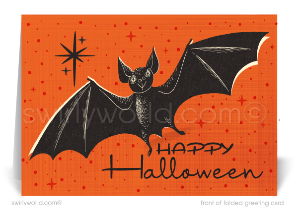 1950s-1960s MCM Mid-Century Modern Vintage Bat Printed Halloween Greetings Cards