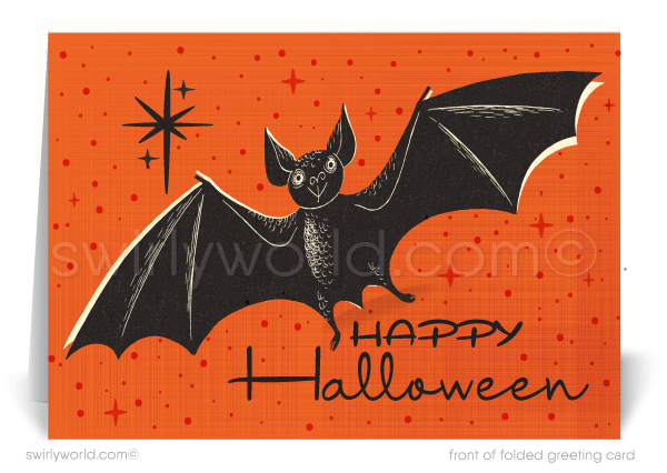 Capture the nostalgia of Halloween with Swirly World's vintage vampire bat card! Featuring a retro bat against an orange sky with atomic starbursts, this mid-century modern design is perfect for sending seasonal cheer to clients and friends. Customizable wording and envelopes available!