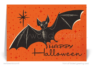 Capture the nostalgia of Halloween with Swirly World's vintage vampire bat card! Featuring a retro bat against an orange sky with atomic starbursts, this mid-century modern design is perfect for sending seasonal cheer to clients and friends. Customizable wording and envelopes available!