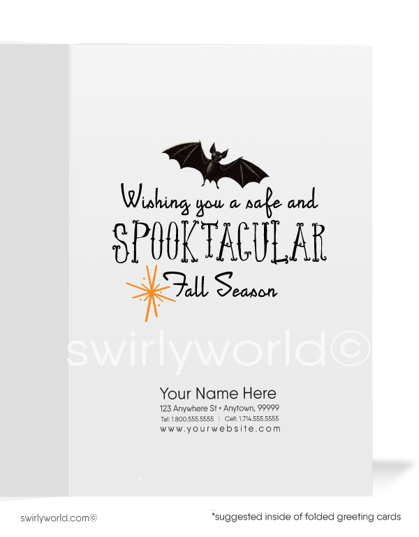 Celebrate Halloween with Swirly World's retro MCM greeting cards. Featuring a boy dressed as a pirate holding a jack-o'-lantern, with starbursts and "Halloween Greetings" in retro typography. Perfect for mid-century style enthusiasts. Choose single-panel or folded options, with customizable envelopes available.