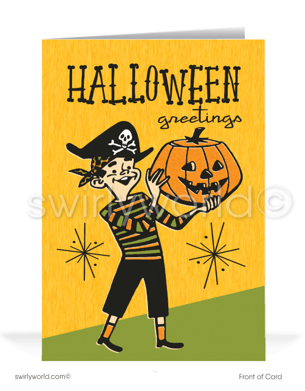 Celebrate Halloween with Swirly World's retro MCM greeting cards. Featuring a boy dressed as a pirate holding a jack-o'-lantern, with starbursts and "Halloween Greetings" in retro typography. Perfect for mid-century style enthusiasts. Choose single-panel or folded options, with customizable envelopes available.